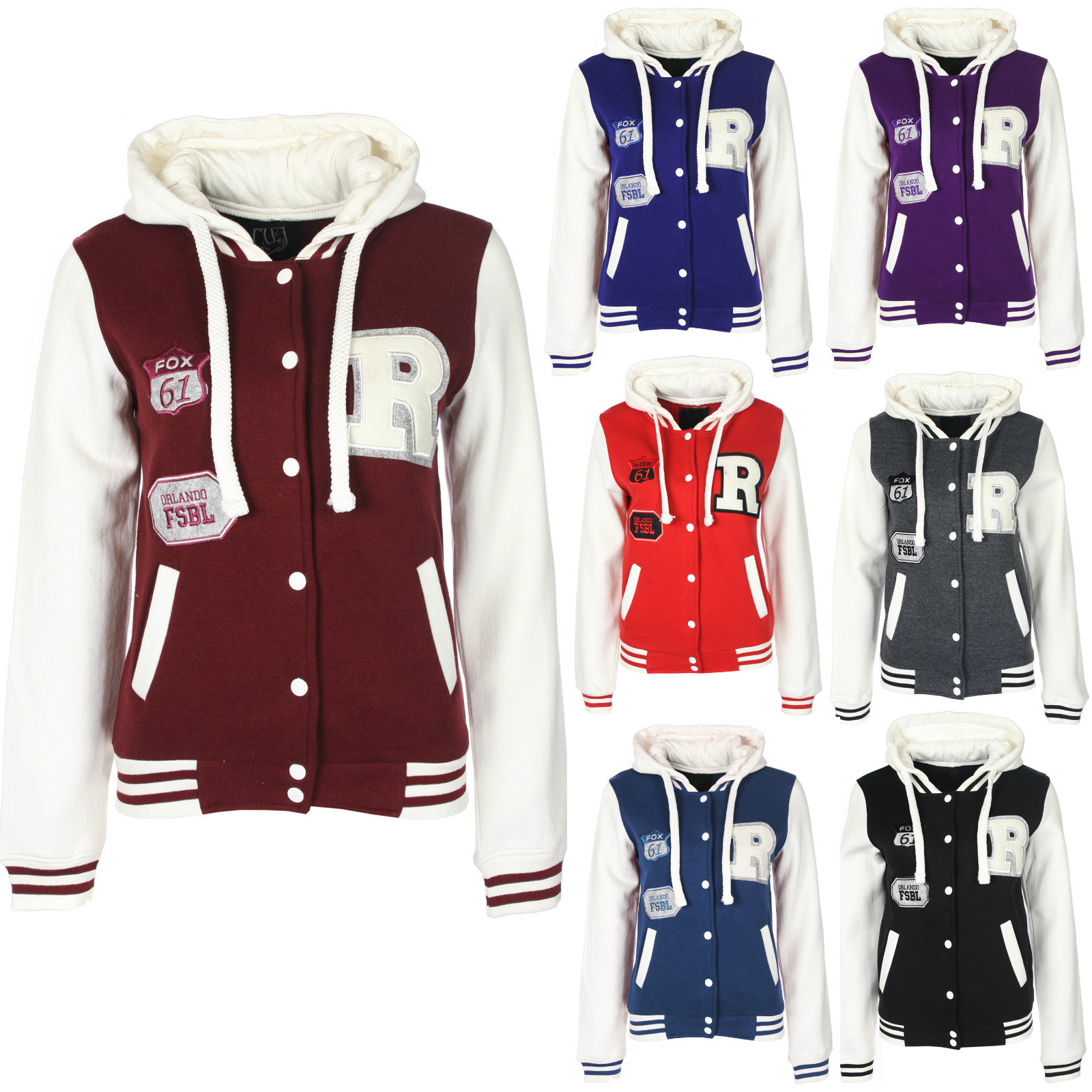 NEW LADIES BASEBALL HOODED VERSITY BOMBER JACKET FLEECE ORLANDO COAT SIZE 8 -14 | eBay